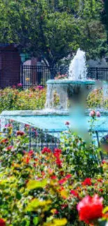 Beautiful garden fountain with colorful flowers.