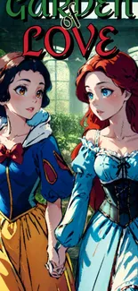 Anime princesses hold hands in a lush garden setting, titled 'Garden of Love.'