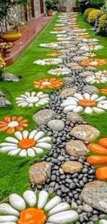 Colorful stone flowers on a garden path.
