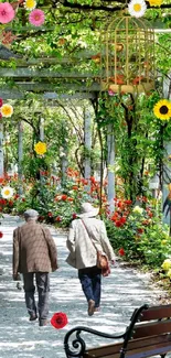 Elderly couple strolling through a green garden archway with vibrant flowers.