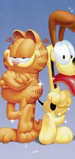 Cartoon of Garfield and Odie on a blue background.