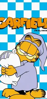 Garfield in pajamas hugging a pillow with a blue checkered background.