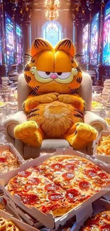 Garfield lounging with pizzas and fries in a vibrant room.