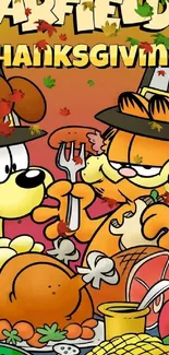 Garfield and friend celebrate Thanksgiving in a colorful cartoon wallpaper.