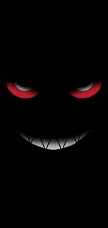 Dark wallpaper with a smiling face and glowing red eyes.