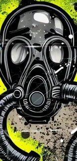 Gas mask art with vibrant green background.