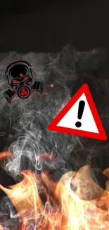 Mobile wallpaper with gasmask and fiery warning symbol.