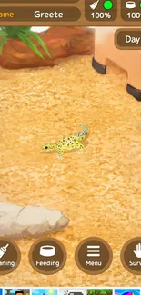 Vibrant yellow gecko on a sandy terrain in a digital habitat wallpaper.