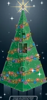 Geeky Christmas tree with circuit design and festive lights.