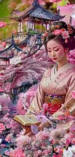 Geisha reading with dragon and cherry blossoms in vibrant colors.