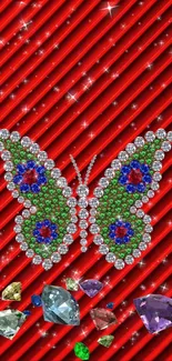 Gem encrusted butterfly on a vibrant red background with sparkling details.