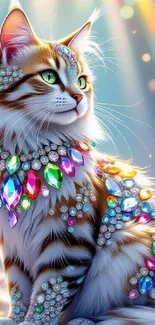 A beautifully illustrated cat adorned with colorful gems and crystals.