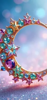 Crescent moon encrusted with colorful gems and stars.