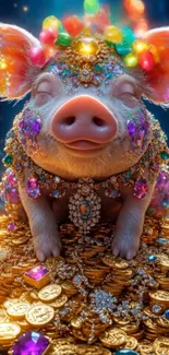 A whimsical pig adorned with gems sitting on gold coins.