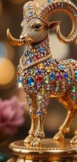 Luxurious gold ram statue with colorful gemstones.