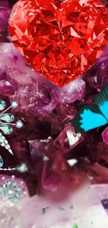 Red gem heart with butterflies on a purple crystal background.