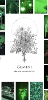 Green Gemini aesthetic collage with mystical and modern elements.