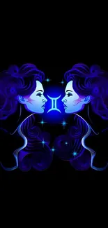 Gemini zodiac sign with dual portrait illustration on blue background.