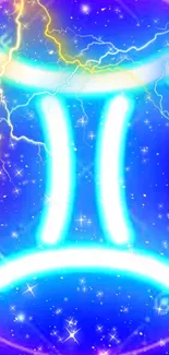 Neon Gemini zodiac symbol with blue and electric accents on starry backdrop.