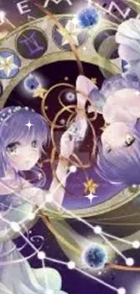 Anime Gemini twins with zodiac symbols and cosmic background in purple hues.