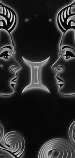 Gemini zodiac design mobile wallpaper, featuring mystical twin profiles on a black background.