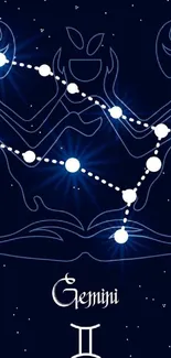 Dark blue Gemini zodiac constellation wallpaper with intricate line art.