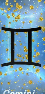 Gemini zodiac wallpaper with blue and gold elements.