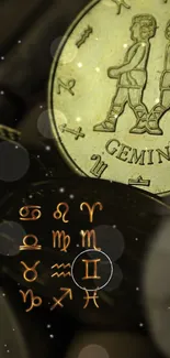 Gold Gemini zodiac symbol with astrological signs.