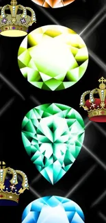 Mobile wallpaper featuring gems and crowns on a black background.