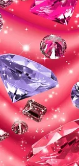 Colorful pink and purple gems on a velvet background with sparkling effects.