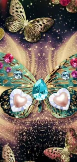 Butterfly with sparkling gemstones and hearts on a vibrant background.