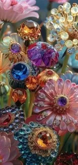 Gemstone-inspired floral fantasy wallpaper in vibrant colors.