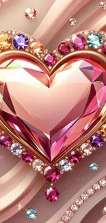 A vibrant gemstone heart with colorful jewels on a mobile wallpaper background.