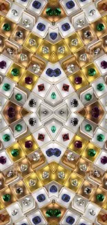 Vibrant gemstone mosaic pattern with colorful jewels and symmetrical design.