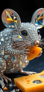 Gemstone-encrusted mouse eating cheese.