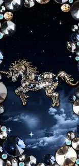 Gemstone unicorn on a starry night sky wallpaper.