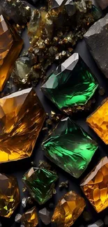 Vibrant amber and green gemstone wallpaper with a luxurious design.