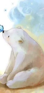 A gentle bear with a butterfly on its nose, set in soft pastels.