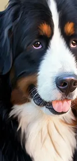 Close-up of a Bernese Mountain Dog with tricolored fur and expressive eyes.