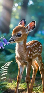 A young fawn standing in a sunlit forest with bell flowers.