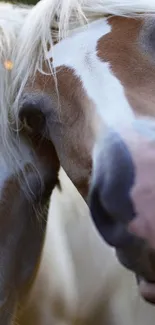 Two gentle horses touching heads with flowing manes.