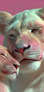 Serene lion and cub portrait with a pink background.
