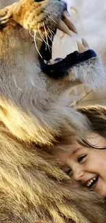 Child embracing a gentle lion in an open natural setting.