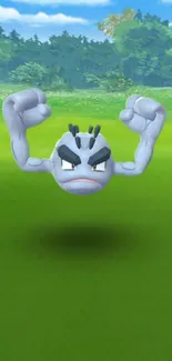 Geodude floating in vibrant green meadow in Pokémon world.