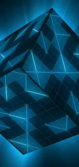 Geometric 3D blue cube wallpaper with glowing lines.