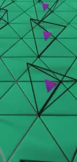 3D geometric wallpaper with teal and purple triangles.