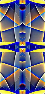 Vibrant geometric abstract art wallpaper with dynamic shapes in blues and yellows.