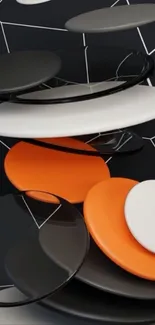 Geometric wallpaper with abstract circles in black, white, and orange.