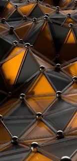 Geometric abstract wallpaper with orange and black triangular patterns.