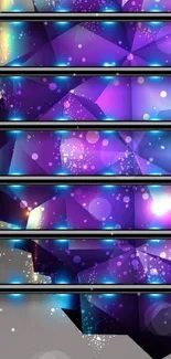 Vivid geometric abstract wallpaper with purple and blue shapes on a gradient background.